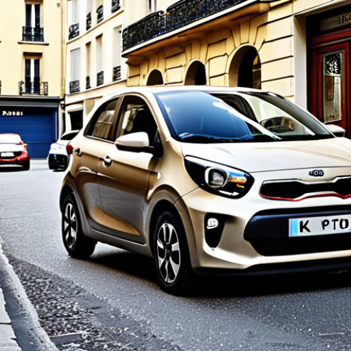 Home 11 ** A Parisian street scene with a tiny Kia Picanto effortlessly parallel parking in a tight spot, showcasing its compact size and maneuverability in the city. Emphasize the frustration of other drivers in larger vehicles struggling to find parking.
2. **Prompt for