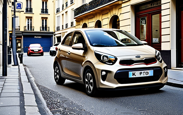 ** A Parisian street scene with a tiny Kia Picanto effortlessly parallel parking in a tight spot, showcasing its compact size and maneuverability in the city. Emphasize the frustration of other drivers in larger vehicles struggling to find parking.
2. **Prompt for