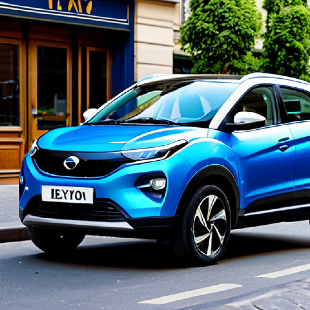 Exterior Design**

"A sleek, modern Tata Nexon EV in "Electric Blue" paint, parked in a vibrant urban setting in Paris. Features include redesigned alloy wheels and flowing body lines. The car is fully visible, showcasing its updated design. Safe for work, appropriate content, fully clothed, professional automotive photography, perfect anatomy, natural proportions, family-friendly."

**