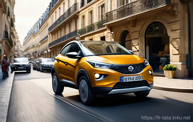 타타 넥슨의 연비 테스트 - **Urban Agility: Tata Nexon in French City Traffic**
A vibrant, dynamic image of a compact SUV, ...