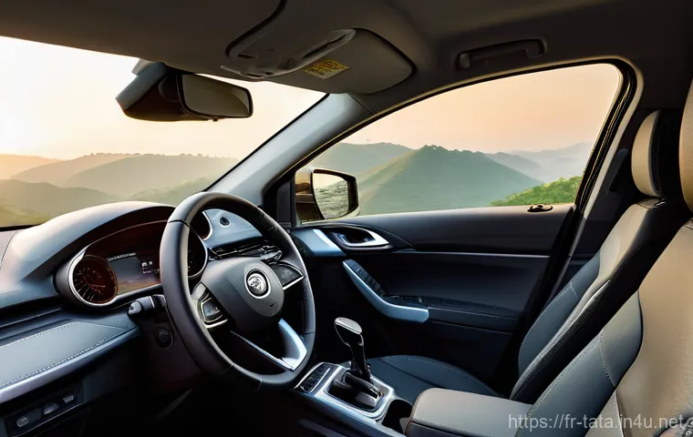 타타 하리아의 장거리 주행 성능 - "A wide, cinematic shot of a modern Tata Harrier SUV, in a sophisticated metallic gray color, gracef...