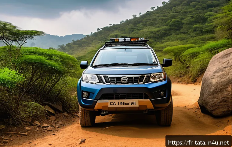 타타 사파리와 랜드로버 디스커버리 비교 - A bold and rugged Tata Safari SUV parked on a rocky forest trail during golden hour, showcasing its ...