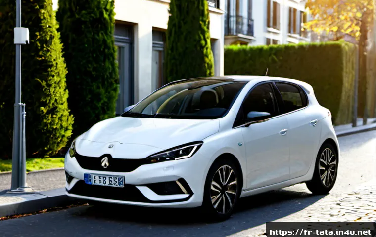 타타 티아고 하이브리드의 출시 가능성 - Photorealistic compact hybrid hatchback prototype parked beside a Parisian suburban curb, unbadged b...