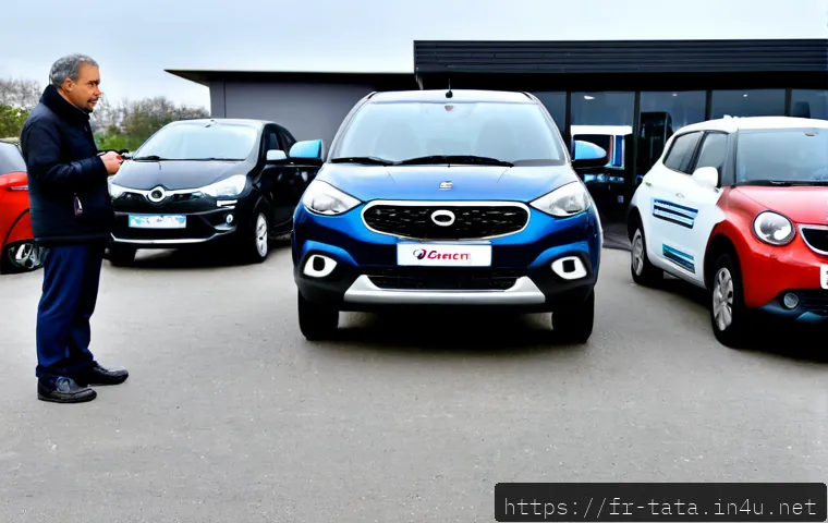 타타 펀치의 중고차 시장 반응 - Photorealistic compact urban crossover resembling a Tata Punch displayed at a French used-car dealer...